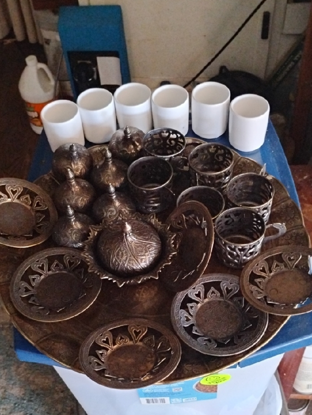 Turkish Brass Coffee/Tea Set for 6 w/ Filigree Cups and Saucers - Bronze Finish